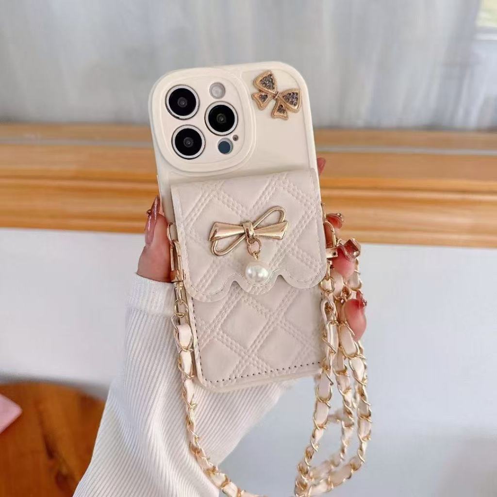 น่ารักโบว์กระเป๋าบัตรพร้อมโซ่ 3Dเคสโทรศัพท์เข้ากันได้สําหรับIphone 17 16 15 14 Pro Max 13 Pro Max ins 11 11 Pro Promax 12 12 Pro 12pro Max xsmax xr xx xs 7 8 Plusโทรศัพท์ ฝาครอบ