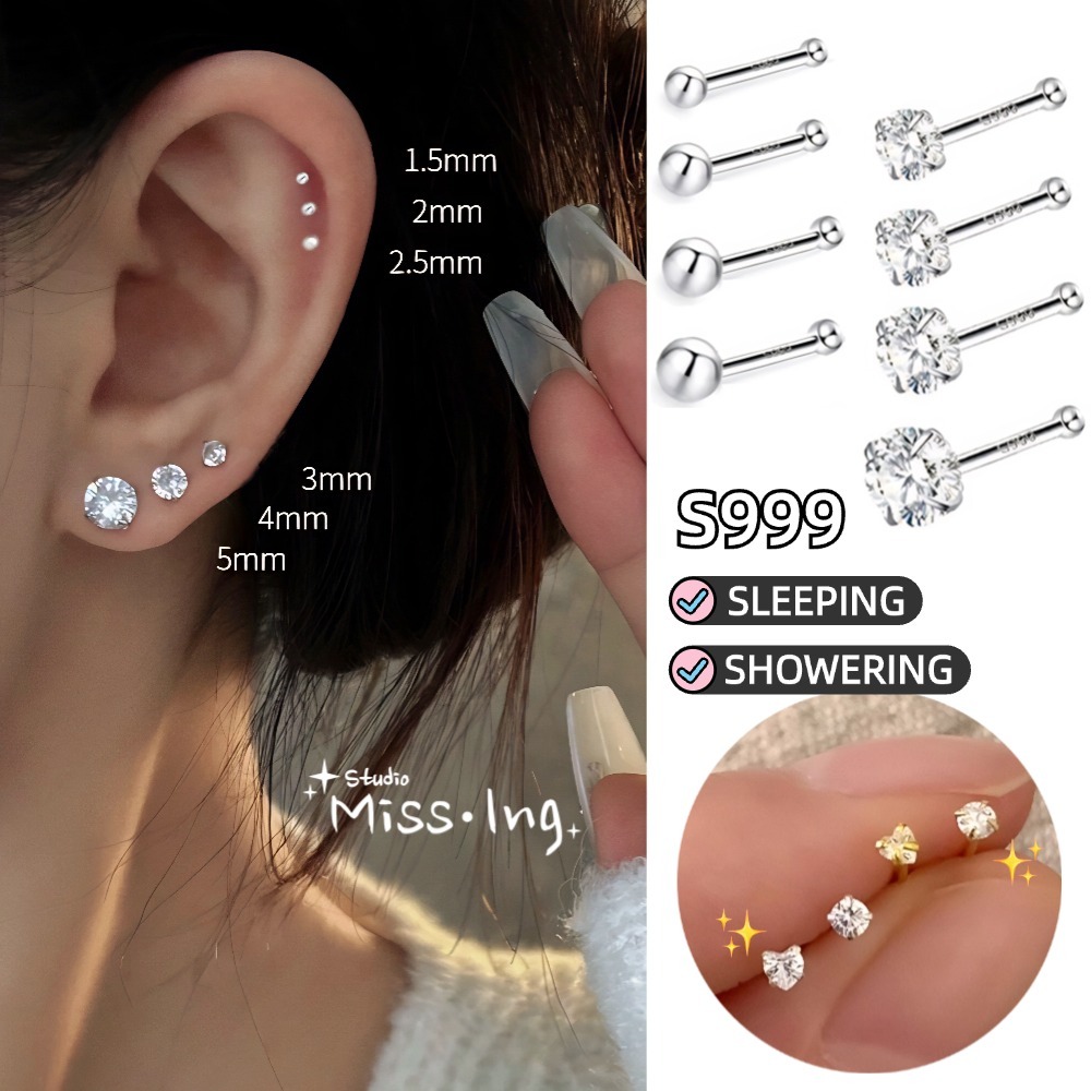 100% S999 ต่างหูเงิน Mini Zirconia Star Moon หูสตั๊ด Hypoallergenic STUD ต่างหูเงินแท้สําหรับเจาะใหม