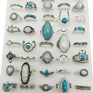 50 ชิ้น/ล็อตขายส่งผสมสไตล์โลหะผสม Finer แหวนผู้หญิง Vintage Silver Plated แหวนโอปอลเครื่องประดับสีดําเคลือบผีเสื้อหญิง