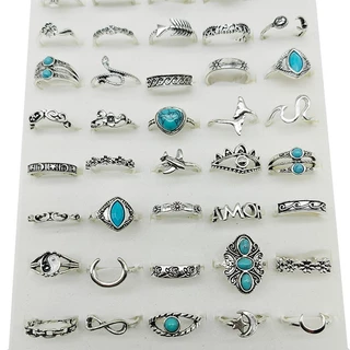 50 ชิ้น/ล็อตขายส่งผสมสไตล์โลหะผสม Finer แหวนผู้หญิง Vintage Silver Plated แหวนโอปอลเครื่องประดับสีดําเคลือบผีเสื้อหญิง