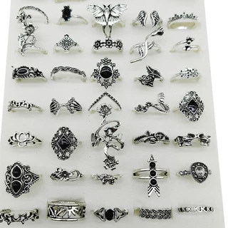 50 ชิ้น/ล็อตขายส่งผสมสไตล์โลหะผสม Finer แหวนผู้หญิง Vintage Silver Plated แหวนโอปอลเครื่องประดับสีดําเคลือบผีเสื้อหญิง