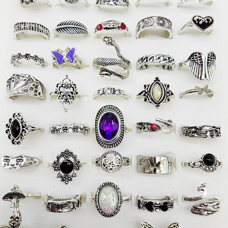 50 ชิ้น/ล็อตขายส่งผสมสไตล์โลหะผสม Finer แหวนผู้หญิง Vintage Silver Plated แหวนโอปอลเครื่องประดับสีดําเคลือบผีเสื้อหญิง - รูปที่ 3