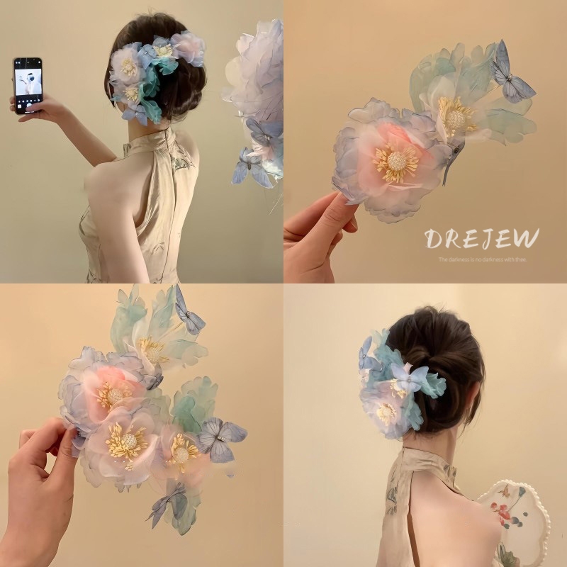 เดรช ดอกไม้ตาข่ายมุกเทียมสไตล์ผีเสื้อกิ๊บอารมณ์คลิปปากเป็ดแฟชั่นเครื่องประดับผมสําหรับผู้หญิง