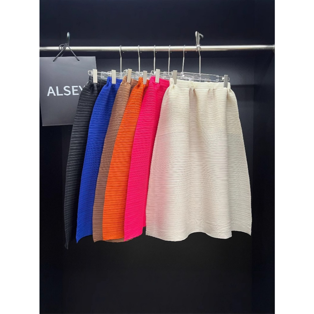 Miyake จีบสีทึบจีบกระโปรงหรูหราหญิงเอวยางยืดแฟชั่นสีทึบขนาดใหญ่ Hem Slimmer ดู All-Match C