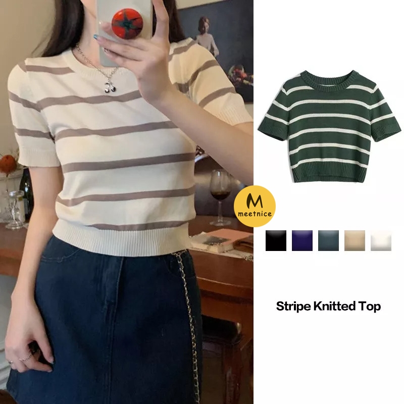 【12 การจัดส่ง】⭐Meetnice⭐ เสื้อยืดคอกลมผ้าไหมพรม ไหมพรมบาง ลายตาราง เสื้อยืดวินเทจแฟชั่น ใส่สบาย หนึ่งหลา