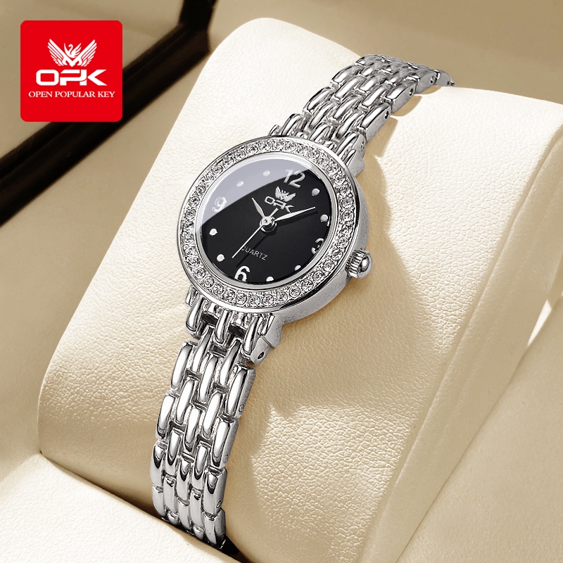 OPK นาฬิกาข้อมือผู้หญิง กันน้ำ 100% หน้าปัดเล็ก 25 มม.นาฬิกาข้อมือแฟชั่น สีดำ/เงิน สายสแตนเลส สำหรับ