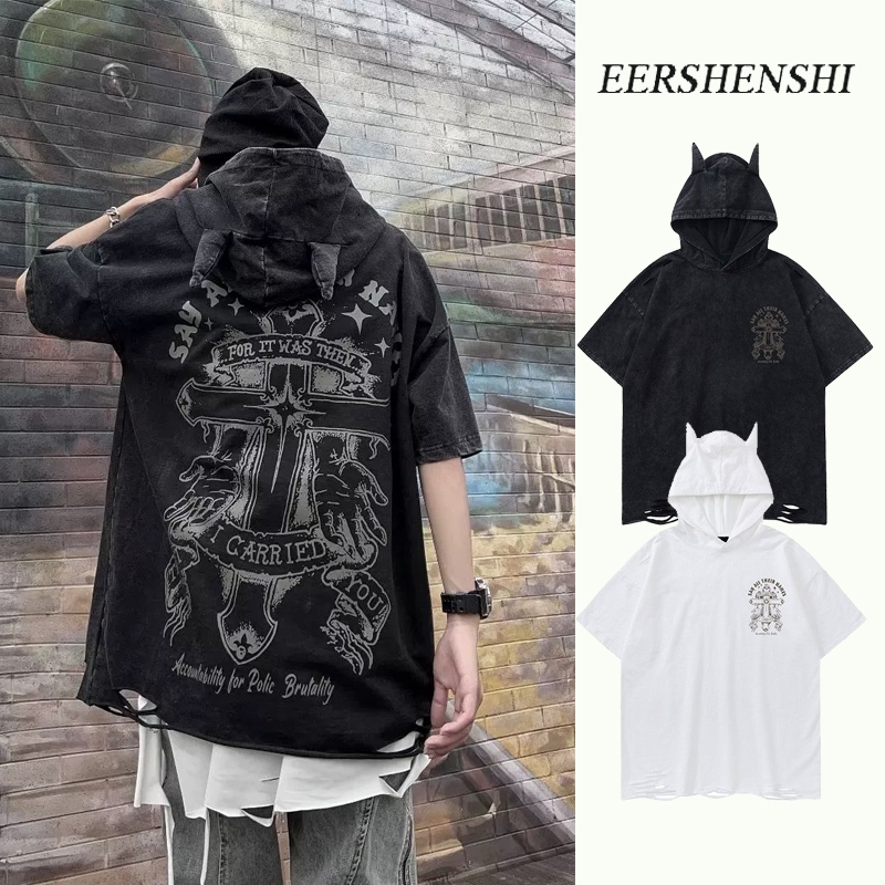 Eershenshi ยุโรปและอเมริกา High Street Cross พิมพ์ Hooded เสื้อยืดแขนสั้นความรู้สึกการออกแบบของผู้ชาย
