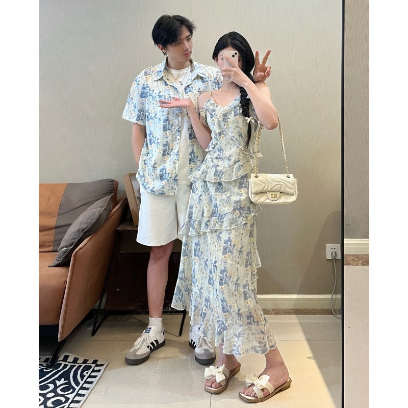 Blue Polo Beach Couple Set Wear Women Long Dress Men Shirt Summer Holiday Tee Hawaiian Women Blouse