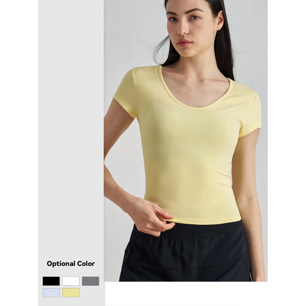 เสื้อยืดคอกลมผู้หญิง Barely-There Slimming Casual อเนกประสงค์โยคะแขนสั้น