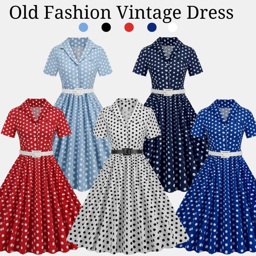 Mili Vintage Cotton Dress 5 สีภาษาฝรั่งเศสคํา Hepburn สไตล์กระโปรงยาว Vintage Polka Dot เข็มขัดแขนสั้นร่มชุด A-Line เอวสูง Slimmer ดู Classy ผู้หญิง