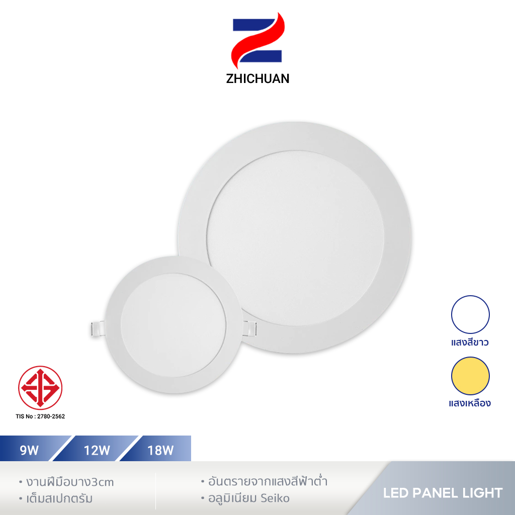 ZHICHUAN โคมไฟดาวน์ไลท์ ฝังฝ้า Panel Light LED 9W 12W 18W ดาวน์ไลท์ กลม ติดเพดาน แสงเดย์และแสงวอร์ม