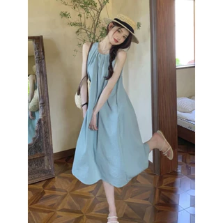 MOCACA ชุดเดรสยาว เดรสคอกลม เดรสแขนกุด ชุดเที่ยวทะเล เนื้อผ้าใส่สบาย ทรงหลวม ชุดผู้หญิง สไตล์ลำลอง