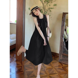 MOCACA ชุดเดรสยาว เดรสคอกลม เดรสแขนกุด ชุดเที่ยวทะเล เนื้อผ้าใส่สบาย ทรงหลวม ชุดผู้หญิง สไตล์ลำลอง