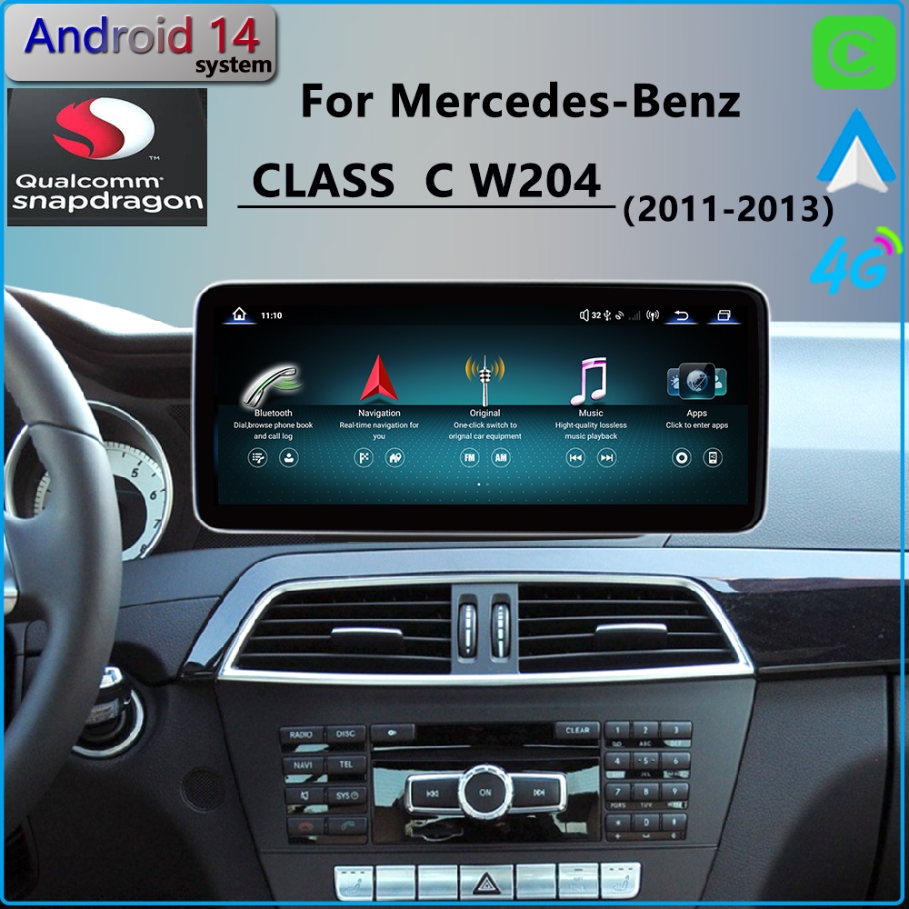 W204 Android 14 Qualcomm สําหรับ Mercedes Benz C220 C260 CarPlay รถวิทยุ GPS นําทางหน้าจอ HD 2011