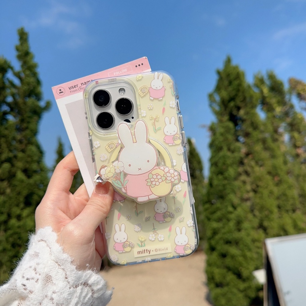การ์ตูนดอกไม้บด Miffy Bunny วงเล็บแม่เหล็กไร้สายชาร์จเคสโทรศัพท์สําหรับ iPhone 17 16 15 14 13 12 Pro Max อินเทรนด์น่ารัก 17promax กันกระแทกปกหลัง