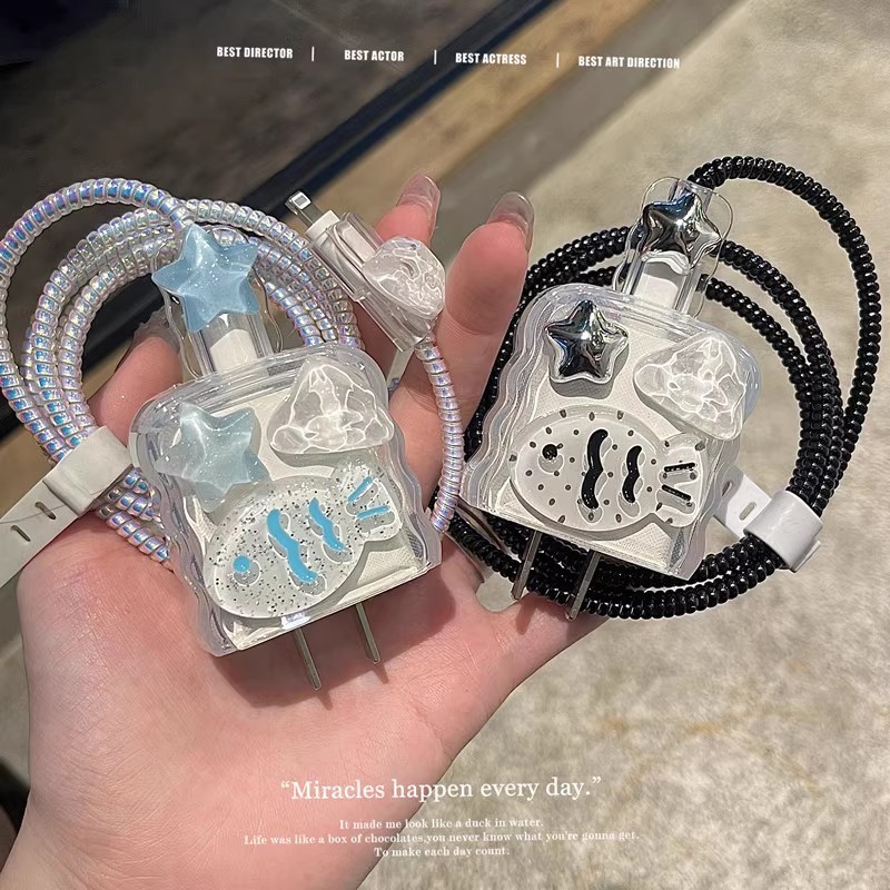 ม้วนอบเชยที่น่ารัก ชัดเจน ฝาครอบป้องกันตัวชาร์จ สําหรับ iphone 18 / 20W การ์ตูน ตัวม้วนสายเคเบิล ตัวป้องกันสายเคเบิ สําหรับ USB/type-c
