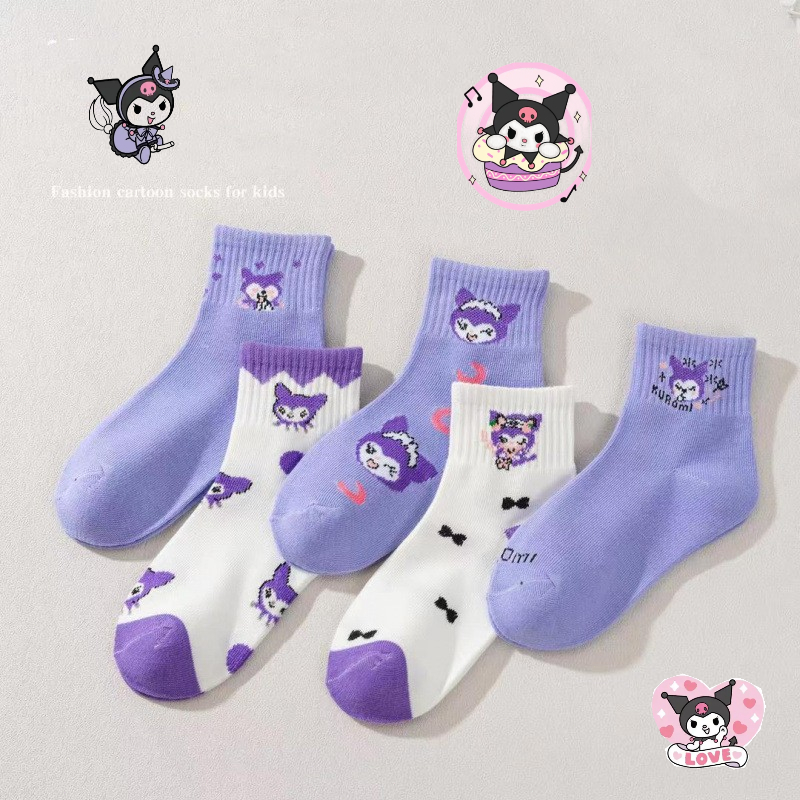 5 คู่ Kuromi Melody สาว 0-14 ปีดอกไม้ฝ้ายกลางยาวการ์ตูนถุงเท้า