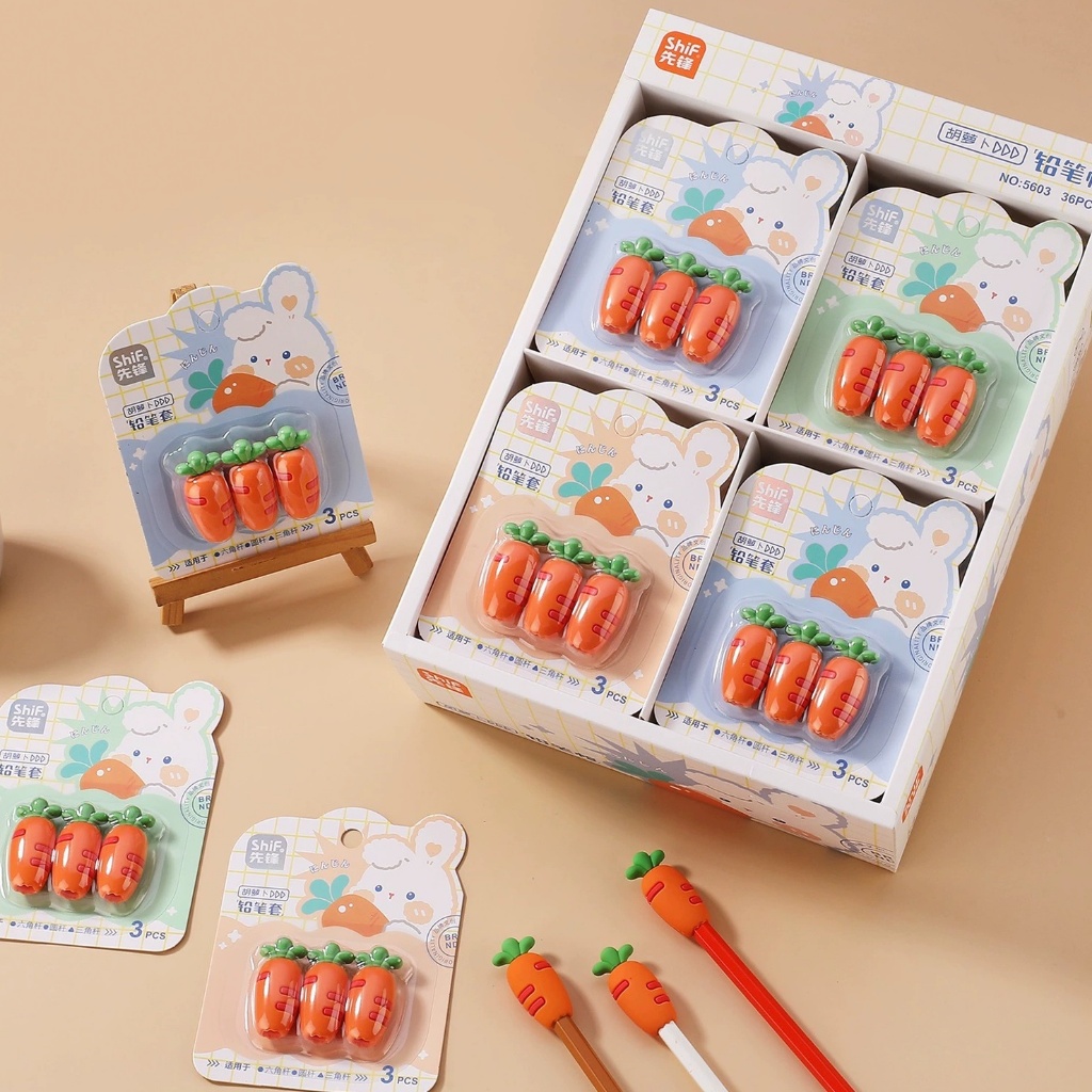 3PCS การ์ตูนซิลิโคนดินสอหมวกดินสอป้องกันกรณีเครื่องเขียนนักเรียนอุปกรณ์