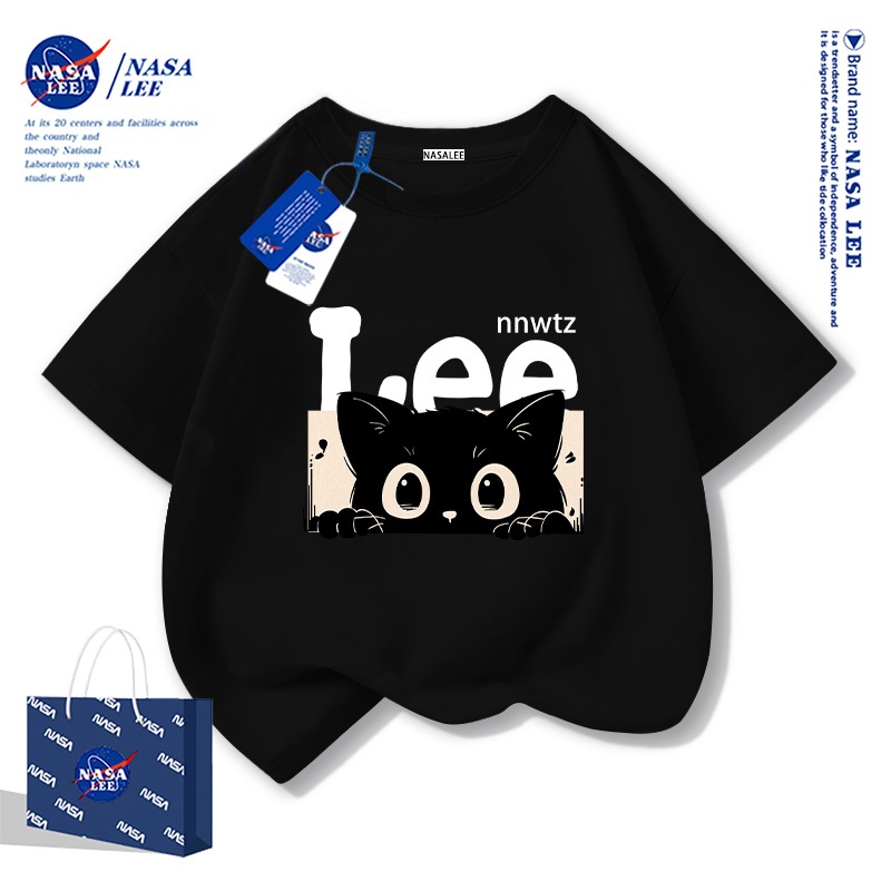 NASA เสื้อยืดแขนสั้นสีดำผ้าคอตตอนสำหรับเด็ก ลายแมว รุ่นใหม่ 2025 เสื้อแฟชั่นเกาหลีสไตล์สำหรับเด็กชายและเด็กหญิงในฤดูร้อน สามารถใส่ได้ง่ายทุกชุด