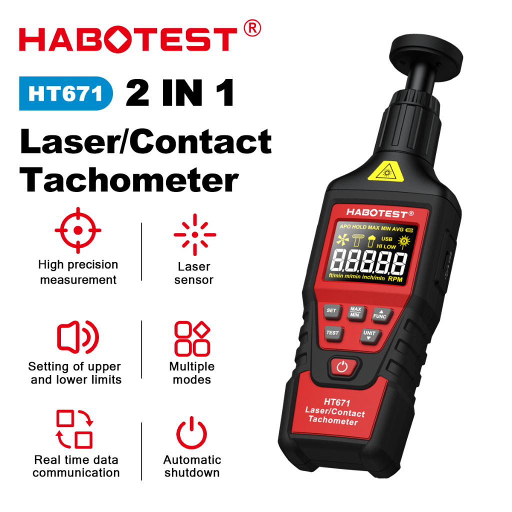 Habotest HT671 เครื่องวัดวามเร็วแบบดิจิตอลมอเตอร์ติดต่อมือถือ Tachometer LCD Speedometer 99999 RPM Teste เครื่องไฟฟ้าหมุนความเร็วเมตร