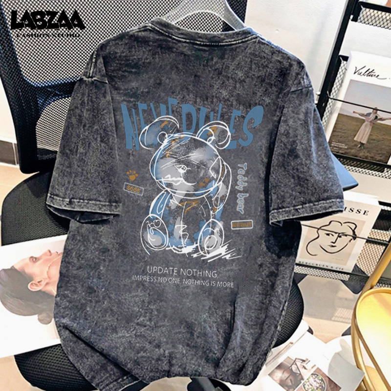 Labzaa ของใหม่ ลายการ์ตูนหมีน่ารัก ไม่ต้องรีด แฟชั่น วินเทจ เสื้อฟอก แขนสั้น คอกลม ทรงหลวม cotton100% YG962