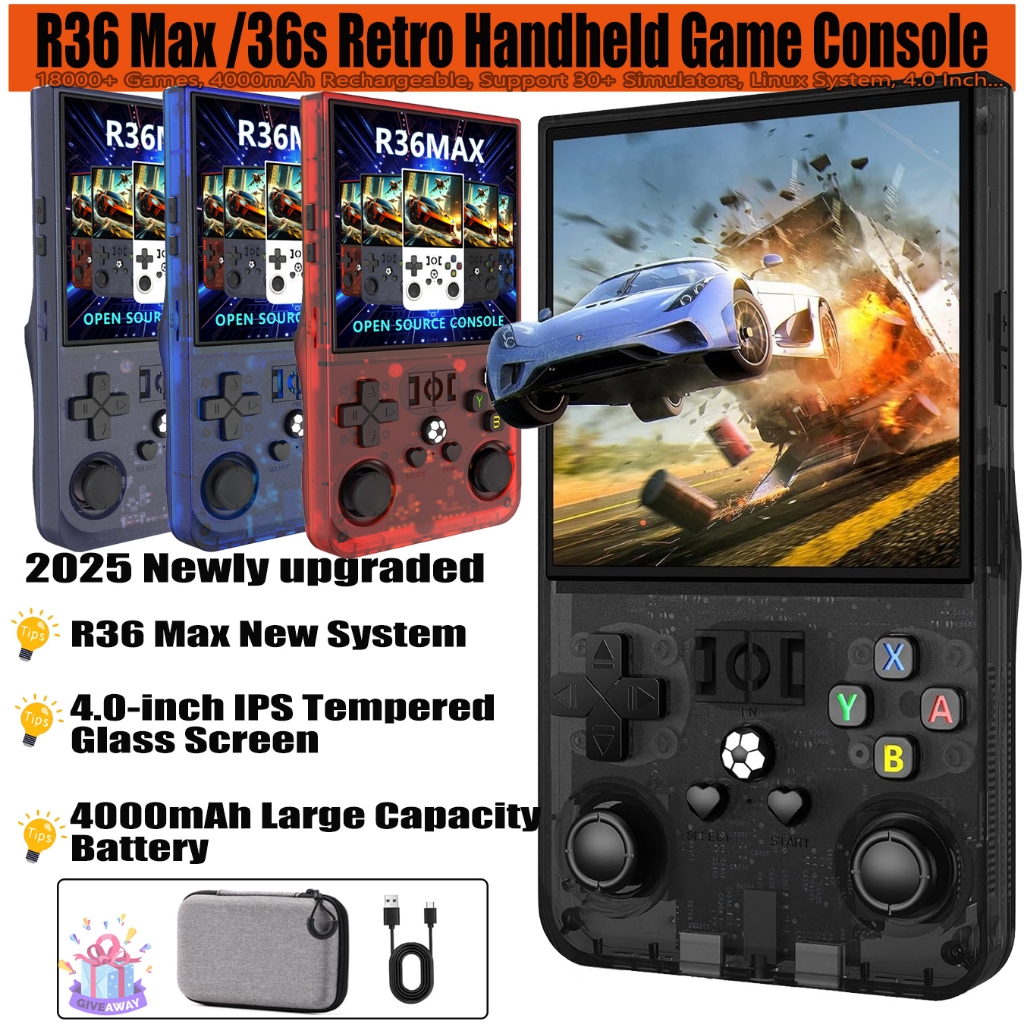 Open Source R36 MAX เครื่องเล่นเกมแบบพกพา - จอ IPS 4 นิ้ว, ความจุ 128GB, อุปกรณ์เล่นเกม Retro พกพาสำหรับเกมกว่า 22000 เกม