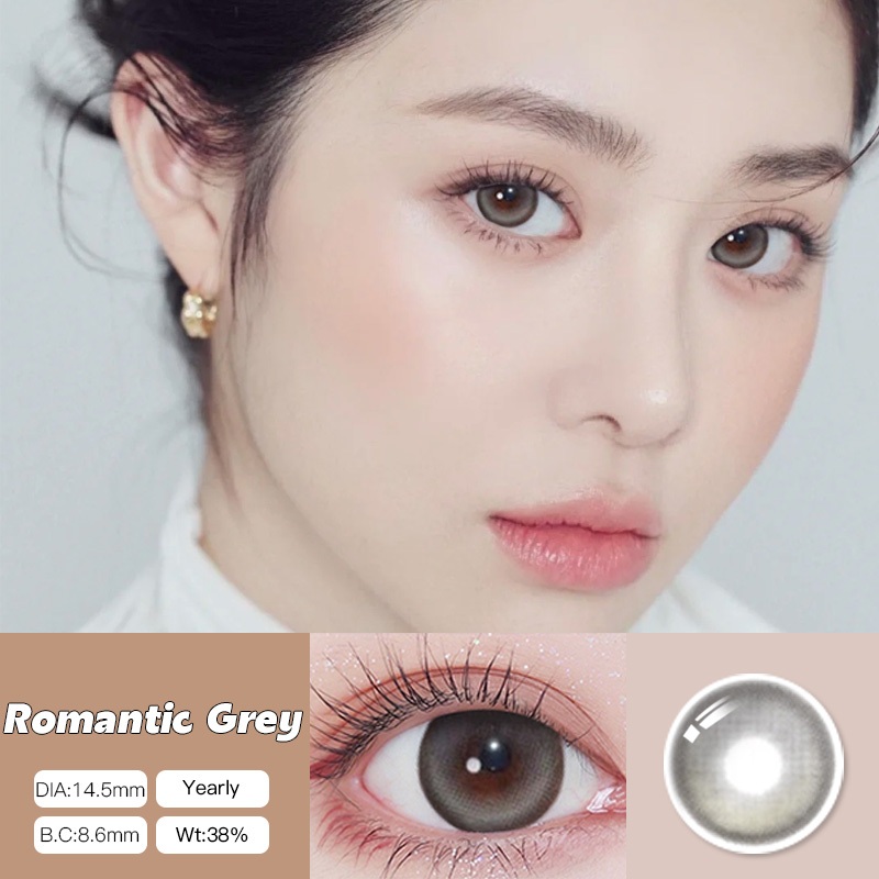 O2girl (COD) 2 ชิ้น Power(0 ~-8.00) สีเทาคอนแทคเลนส์สี Violet Natural Soft Eye เลนส์รายปีใช้ 14.5 มม