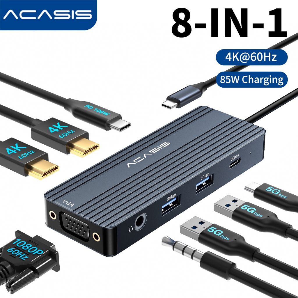 Acasis USB C 8-in-1 Docking Station 3Monitors,Laptop Docking Station พร้อม Dual HDMI 4K@60HZ,2 * 5G USB C,1 * 5G USB C,1 * 5G,1 * เสียง 3.5 มม. PD 100 W เทียบเท่ากับ macbook / windows
