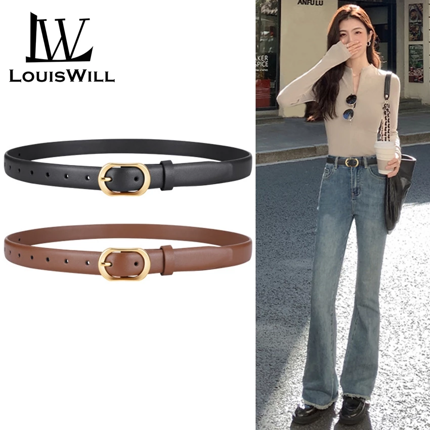 Louiswill ผู้หญิง Retro PU Elegant Slim Golden Buckle Design ปรับสาวสุภาพสตรียาวสายรัดเข็มขัดชุดเสื้อโลหะผสมหัวเข็มขัดตัวอักษรหัวเข็มขัดทองตกแต่ง Lei
