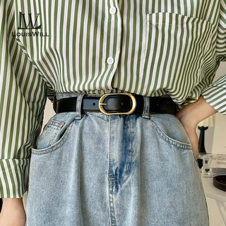 Louiswill ผู้หญิง Retro PU Elegant Slim Golden Buckle Design ปรับสาวสุภาพสตรียาวสายรัดเข็มขัดชุดเสื้อโลหะผสมหัวเข็มขัดตัวอักษรหัวเข็มขัดทองตกแต่ง Lei