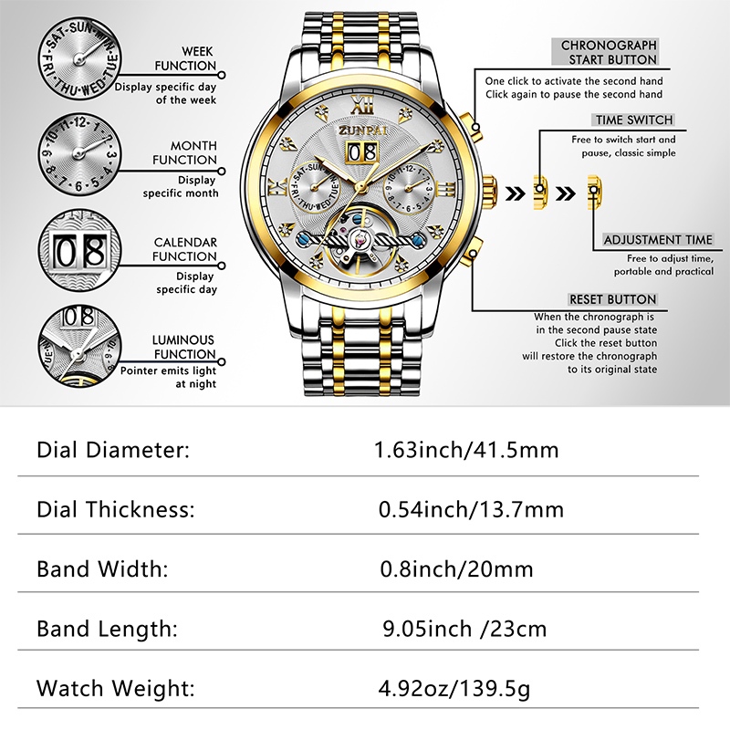 ZUNPAI นาฬิกาข้อมือผู้ชายสายสแตนเลสแบบ Tourbillon อัตโนมัติ พร้อมหน้าต่างกลวง หน้าปัดทรงกลม ทนทานต่อรอยขีดข่วน นาฬิกาแฟชั่นสำหรับธุรกิจ เรียบง่ายและลำลอง กันน้ำ เรืองแสง ปฏิทินถาวร ฟังก์ชันปฏิทินรายสัปดาห์