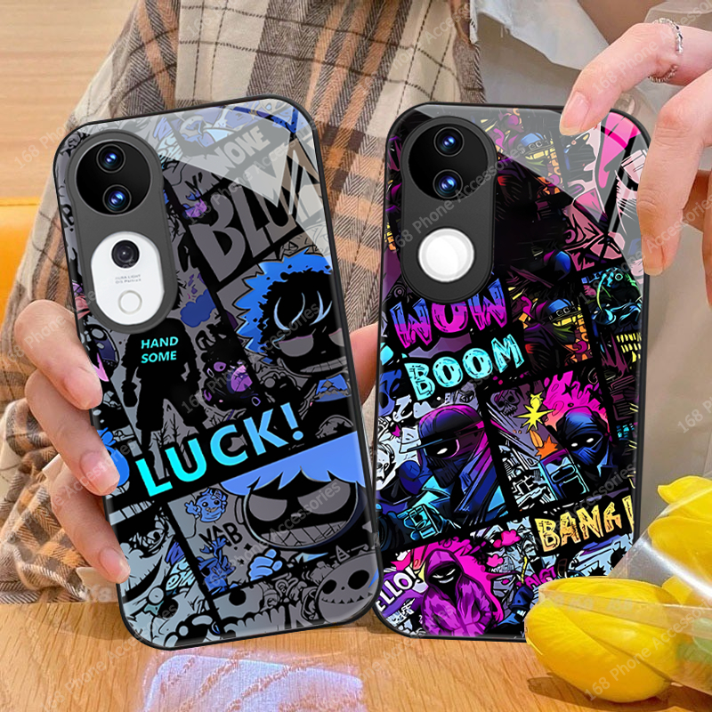 เคส Vivo V60 V50 V40 5G เคส Vivo V40 Pro เคสกันกระแทกอะนิเมะกราฟฟิตปีศาจน้อย 2025 ใหม่หรูหรากระจกเคสพร้อมแหวนสายรัดโทรศัพท์ขาตั้งซิลิโคนนุ่มขอบสําหรับเด็กผู้ชาย