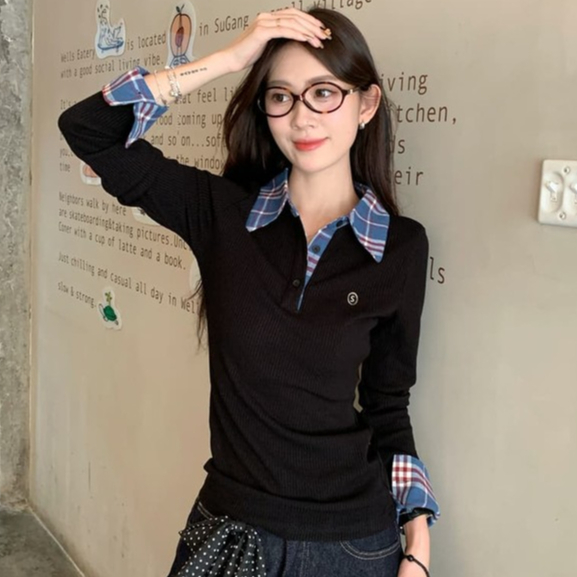 Rommers ตรวจสอบเสื้อยืดแขนยาวไหล่แท้ปลอมสองชิ้นเสื้อโปโลสลิมฟิต