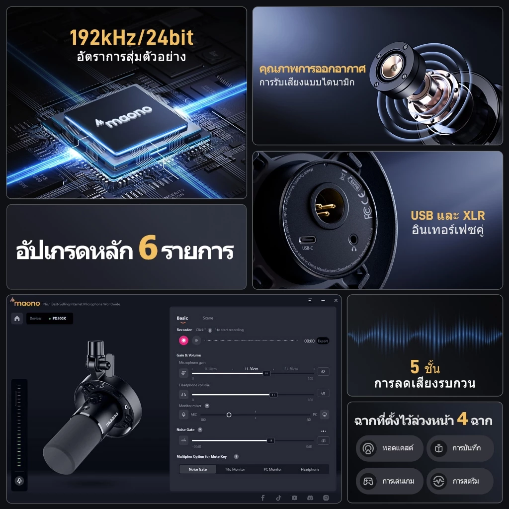 Maono PD300X Dynamic Microphone XLR/USB Dual Mode Podcast Microphone Professional Studio Recording Mic with Maono Link App,192kHz/24bit,Noise Reduction,Mic Gain,Moniing and Mute for Recording thumbnail 3