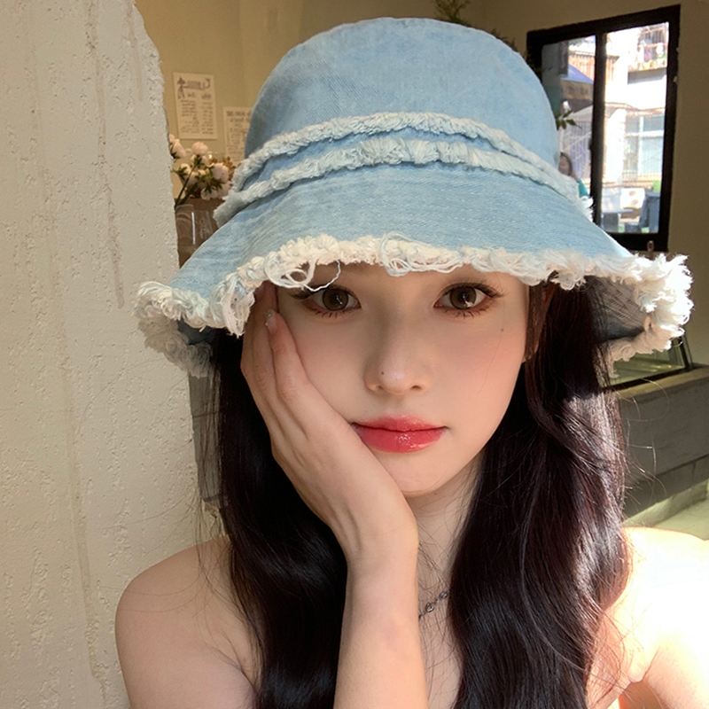 สไตล์ญี่ปุ่นล้าง Denim Bucket หมวกผู้หญิงฤดูร้อนสไตล์ใหม่ Casual All-Match ขอบดิบ Big Brim แสดง Face อ่างล้างหน้าขนาดเล็กหมวก T