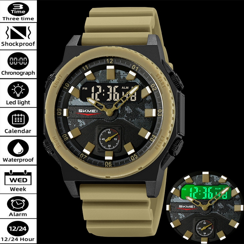 SKMEI สมี นาฬิกาควอทซ์กันน้ําสําหรับผู้ชายอนาล็อกจอแสดงผลดิจิตอลโซนสามเวลากีฬานาฬิกาปลุกชาย นํา โครโนกราฟ