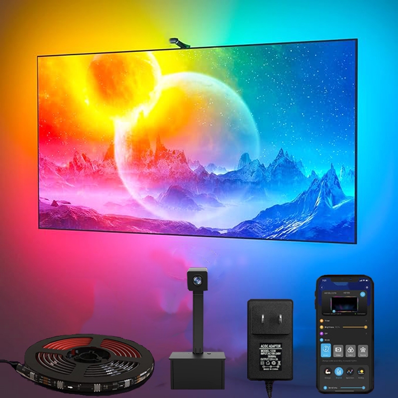 Tuya ไฟแบ็คไลท์ LED อัจฉริยะ พร้อมกล้อง 1080P RGBIC ไฟพื้นหลังทีวี ควบคุมด้วยเสียงเพลง ซิงค์แสงไฟ
