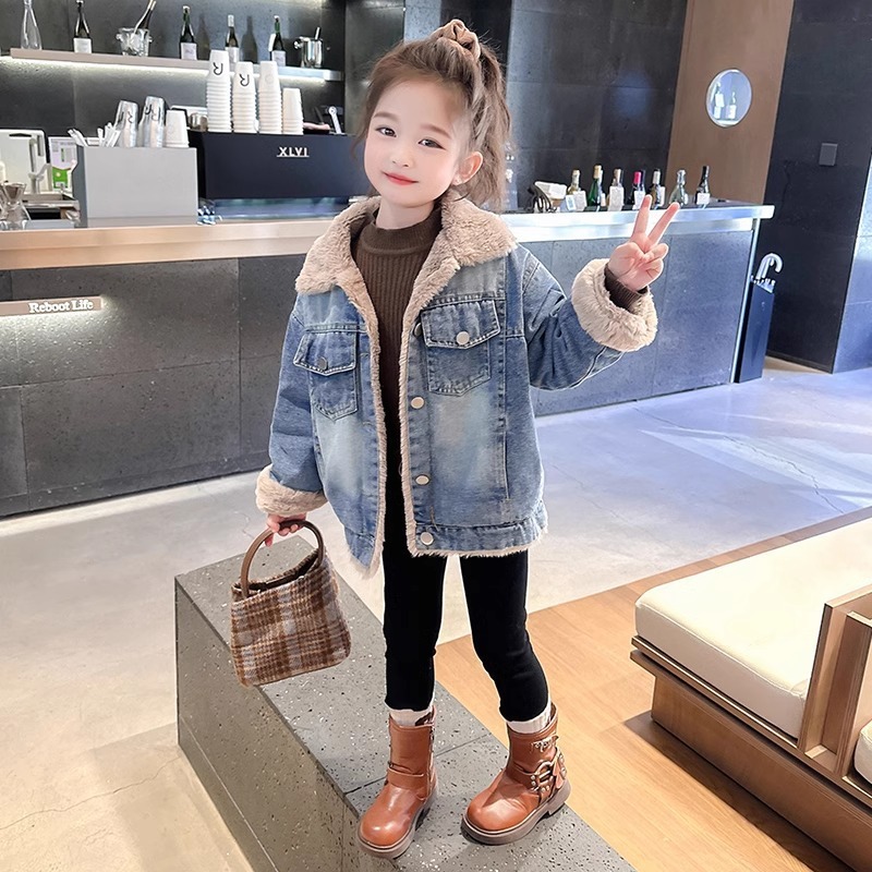 เสื้อแจ็คเก็ตยีนส์อุ่นขนแกะปกแฟชั่นฤดูใบไม้ร่วงสําหรับเด็กผู้หญิง 4-10 ปี | เด็กเสื้อลําลองหลวมคาวบอย