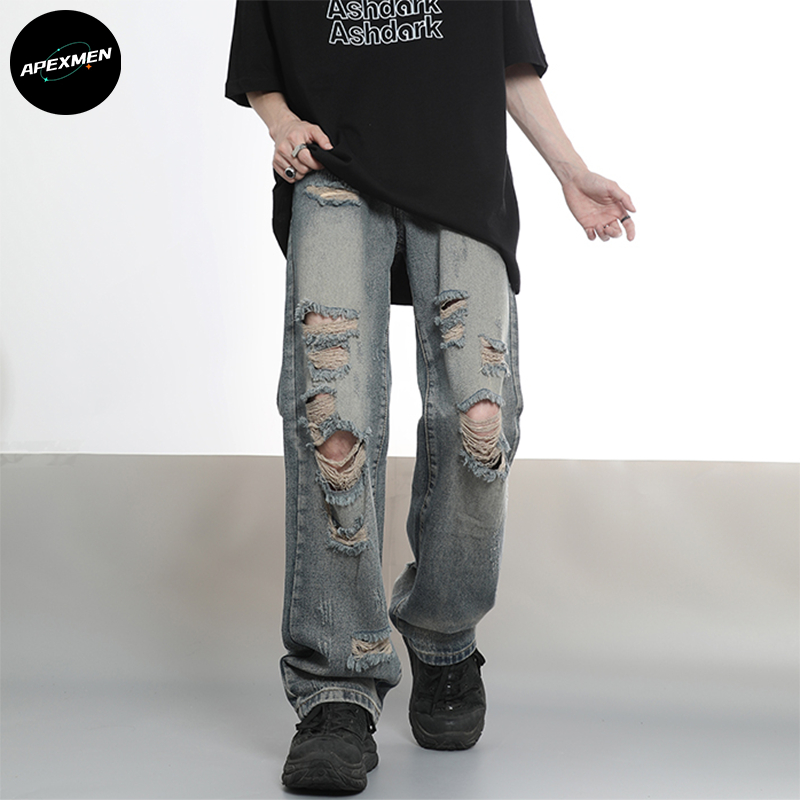 Apexmen ตรงตัดกางเกงสําหรับชายกางเกงหลวมสําหรับชาย Jnco bag jens Ripped กางเกงยีนส์ Grunge กางเกง Be