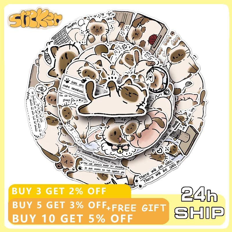 50pcs Kawaii Siamese Cat Bean Paste ทุกวันสติกเกอร์ DIY กีตาร์แล็ปท็อปกันน้ําเด็กของขวัญสติกเกอร์