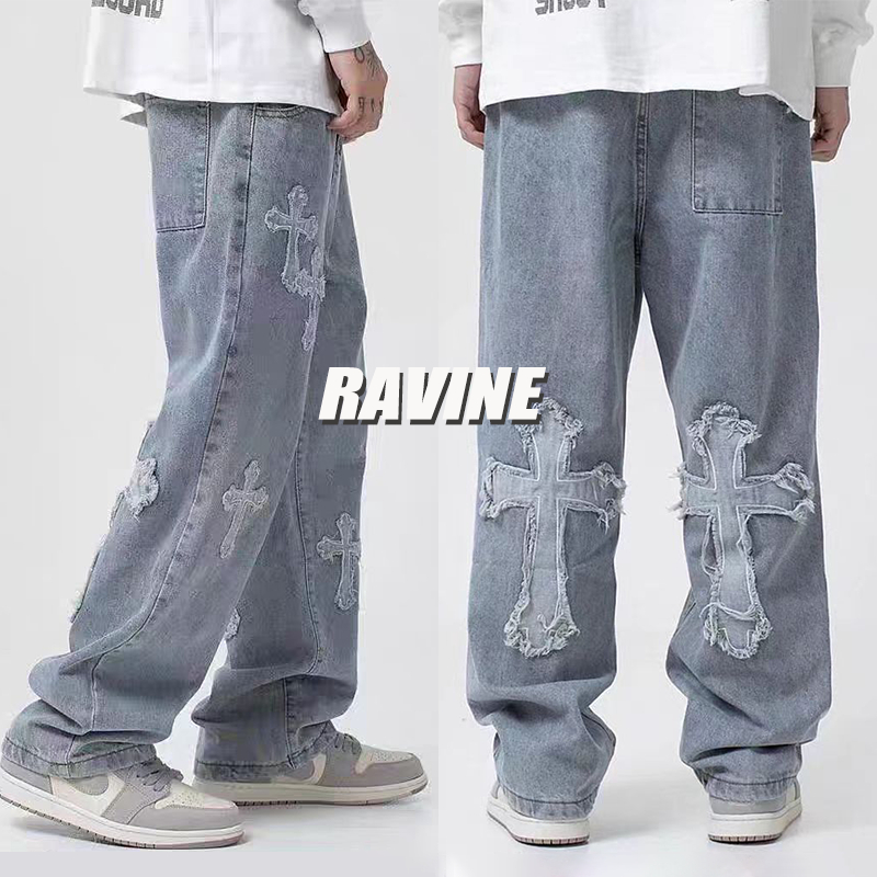 Ravine Blue Baggy กางเกงสําหรับชายล้างกางเกงยีนส์ Y2K Cross ปักกางเกงยีนส์ Jnco กางเกงยีนส์ Harajuku