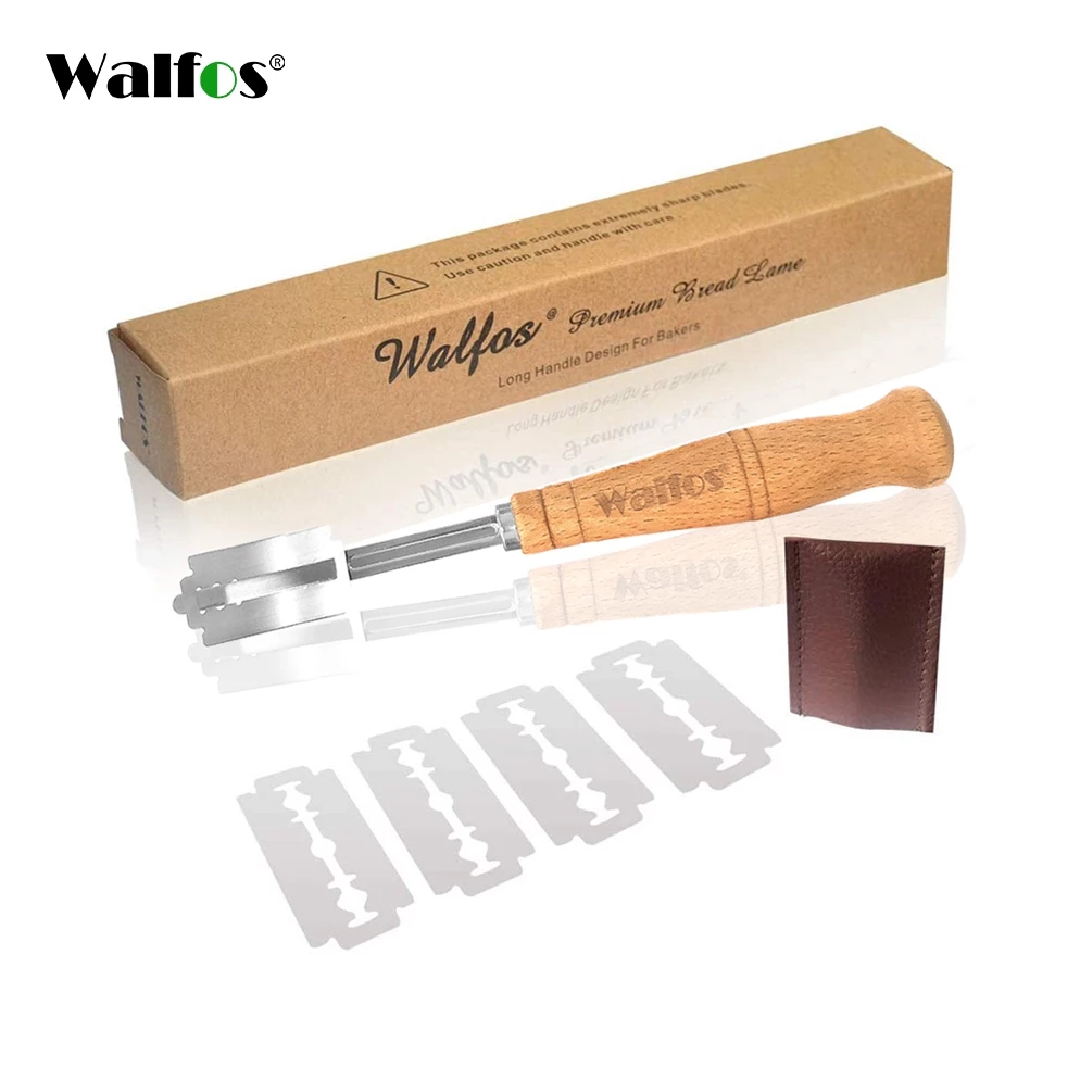 WALFOS มีดกรีดขนมปัง แบบยุโรป ทำรอย/ลายโค้ง มีดโค้งโค้งขนมปังพิเศษด้ามไม้ การตัดบาแกตต์แบบตะวันตกมีใบมีดสำรอง 4 ชิ้น