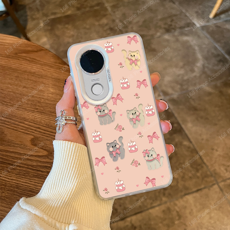 เคส Vivo V50 V40 Y200 5G เคส Vivo V40 Pro เคสน่ารักการ์ตูนแมวน้อยสีชมพูโบว์กันกระแทกเคส Ins สไตล์ด้านแข็ง IMD ปุ่มชุบ TPU ขอบโทรศัพท์เด็กผู้หญิง