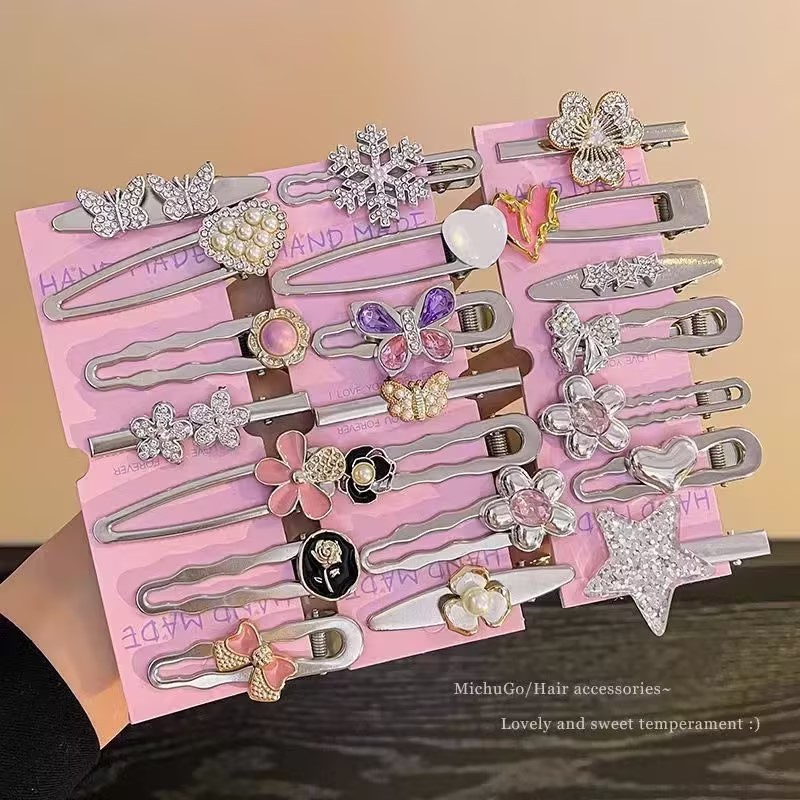 เครื่องประดับผมสาวหวานและเย็น – กิ๊บติดผมหัวใจดาว YZK และกิ๊บสําหรับคลิปปากเป็ดโลหะขอบด้านข้าง