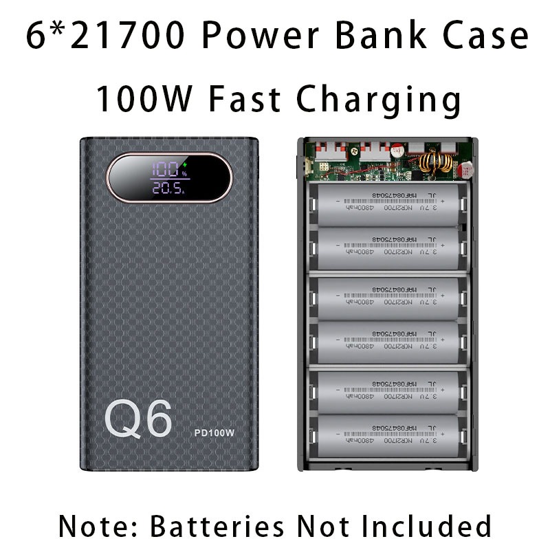 Q6 21700 PD 100W Fast Charging power Bank กรณีชุด 20V 5A DIY 6 PCS 21700 แบตเตอรี่ที่ถอดออกได้แล็ปท็อปชาร์จแหล่งจ่ายไฟภายนอก