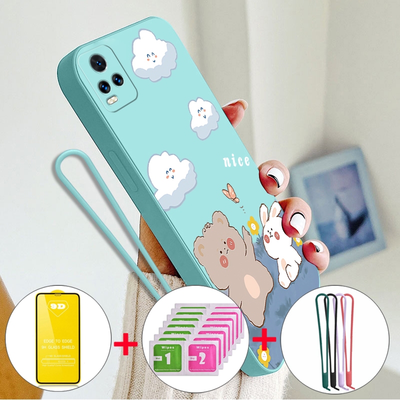 FOR เคส [4 in 1] ด้วยกระจกนิรภัยกรณีสำหรับ VIVO V20 Pro v20se v23e V23 V21 5กรัมโทรศัพท์ปลอก softcase ซิลิโคนเหลวกันกระแทกปกการออกแบบใหม่ความงามการ์ตูนหมีกระต่าย ytmxx01
