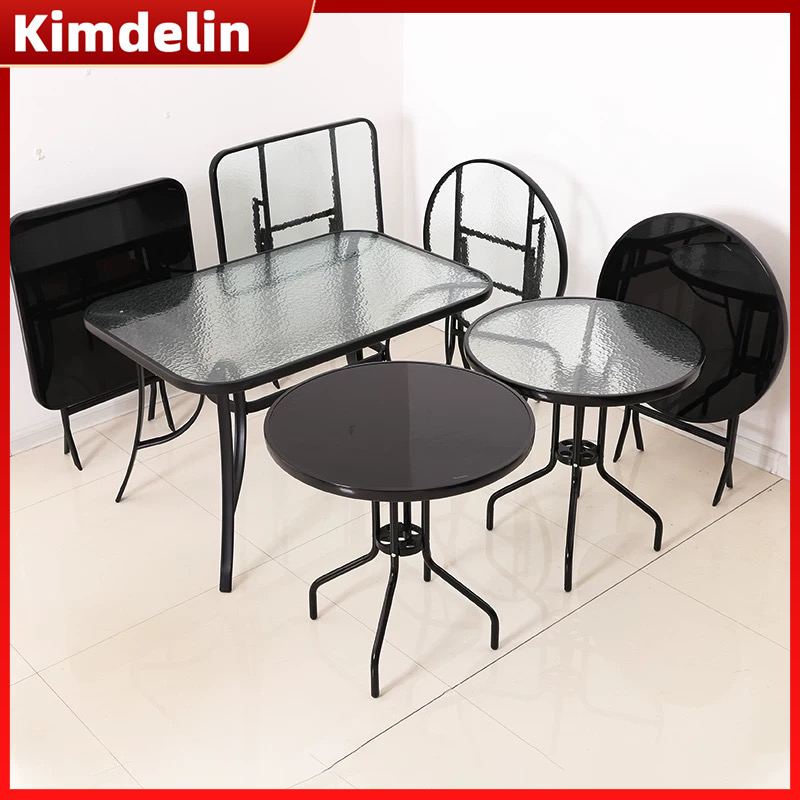 KIMDELIN โต๊ะกาแฟกลางแจ้งลานโต๊ะกลม Bistro, กรอบโลหะกระจกนิรภัยด้านบนสําหรับระเบียง Backyard สนามหญ้าระเบียงสระว่ายน้ํา