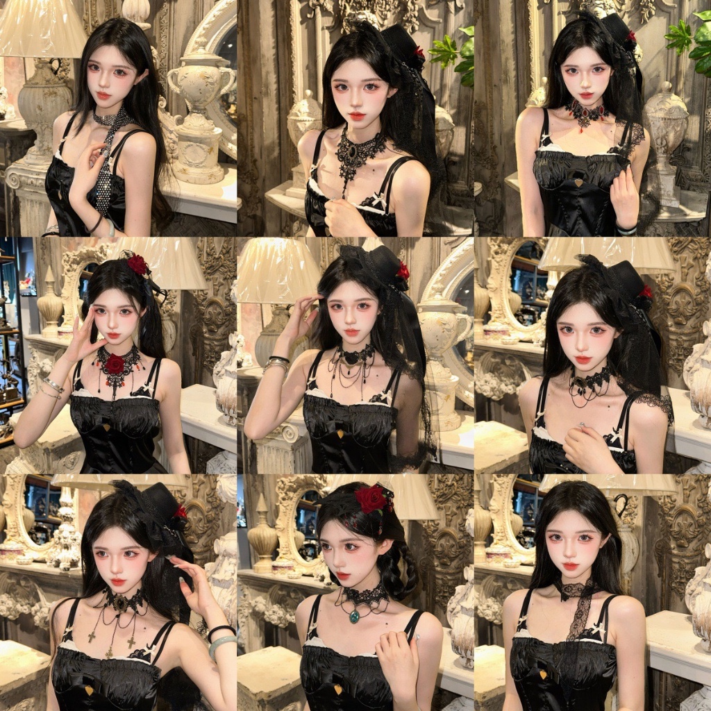 สร้อยคอลูกไม้โชคเกอร์สไตล์โกธิคบุคลิกภาพของผู้หญิงสไตล์โอ้อวดสร้อยคอสไตล์พังก์สีดํา