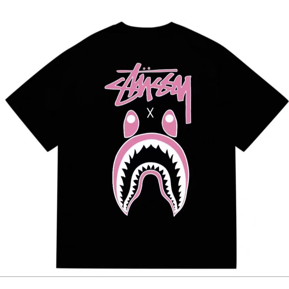 แฟชั่น Stussy x BAPE Ape Head เสื้อยืดแขนสั้นผ้าฝ้ายพิมพ์ลาย