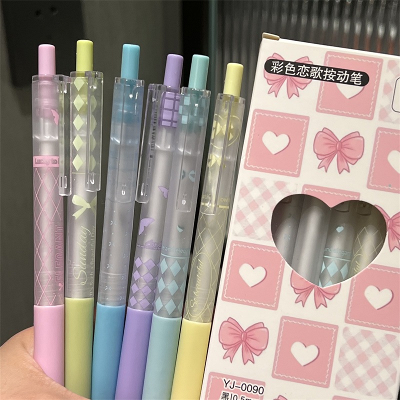 6ปากกา/ชุดสีโบว์เจลปากกาเซนต์แห้งเร็ว0.5มมปากกาเป็นกลางปากกาสีดํานักเรียนการ์ตูนพิมพ์ปากกา